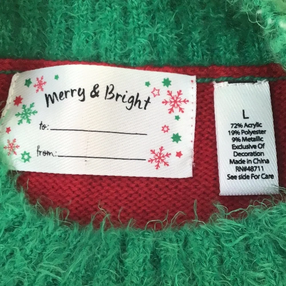 Merry & Bright Fuzzy Embroidered Santa Rudolph Camp Funny Ugly Christmas Sweater
